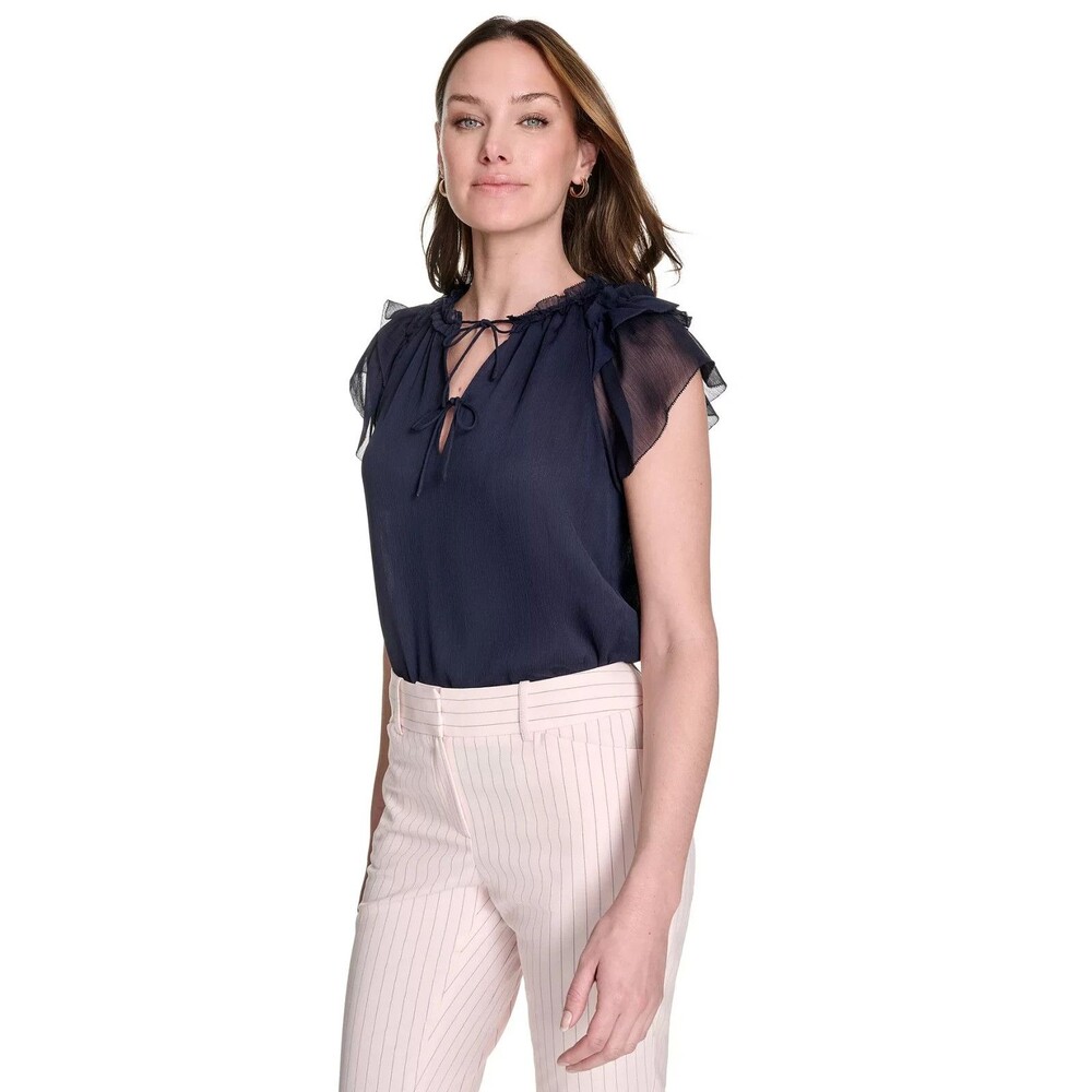 Tommy Hilfiger Women's Split-Neck Flutter-Sleeve Blouse Midnight Blue Size S
